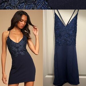 NWT Lulus (M) Navy Blue Embroidered Lace-Up Mini Dress Greatest Devotion Elegant